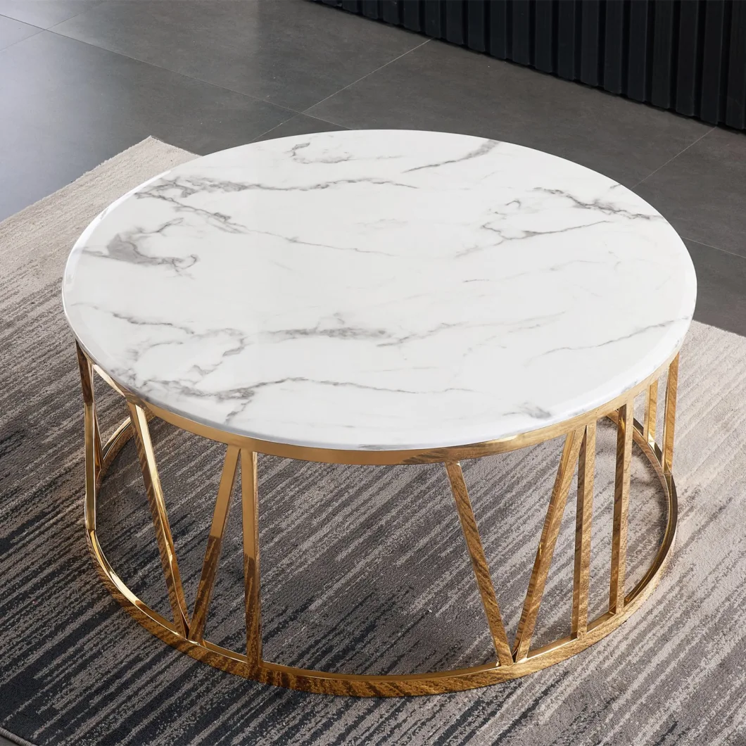 Modern Living Room Furniture Gold Stainless Steel White Marble Center Coffee Table