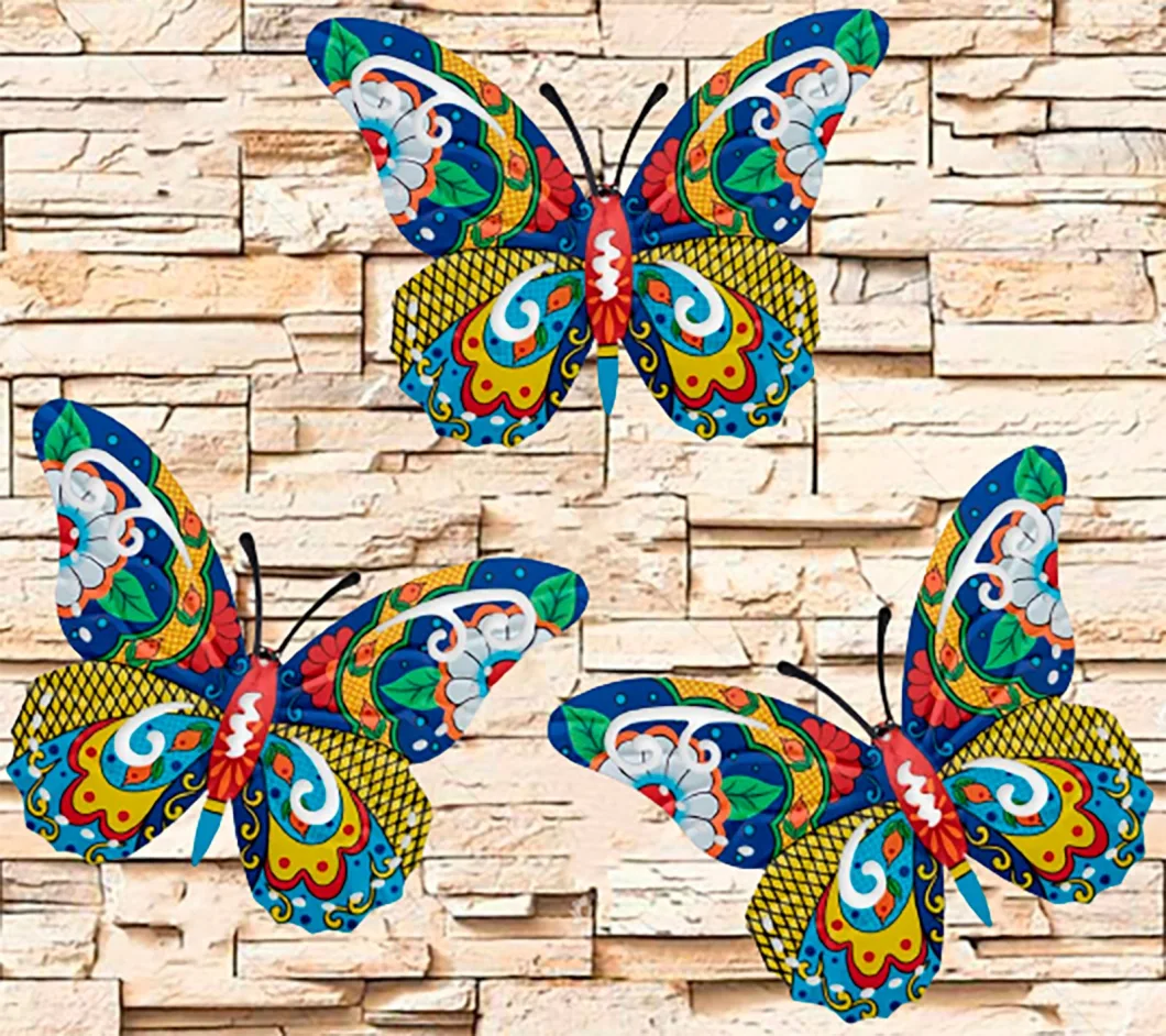 Metal Butterfly Wall Sculpture Colorful Outdoor Wall Art Iron Hannging Decoration Set of 3