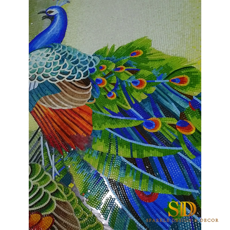 Hot Sale Golden Peacock Colorful Glass Mosaic Wall Patterns for Interior Wall Decoration