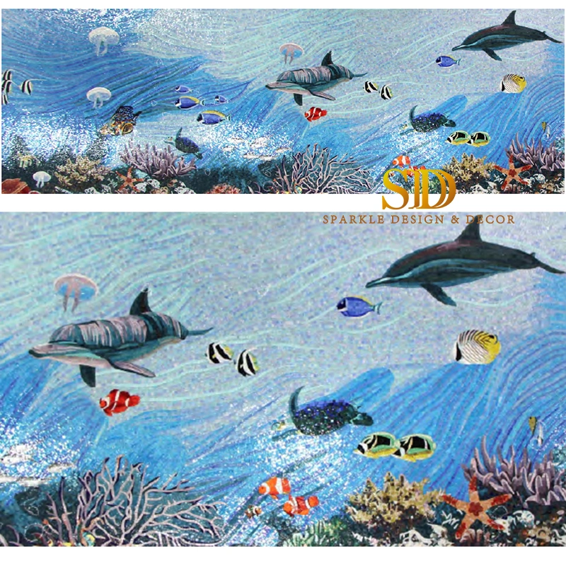 Customized Beautiful Ocean Fishes Glass Mosaic Wall Mural for Home Wall Decoration