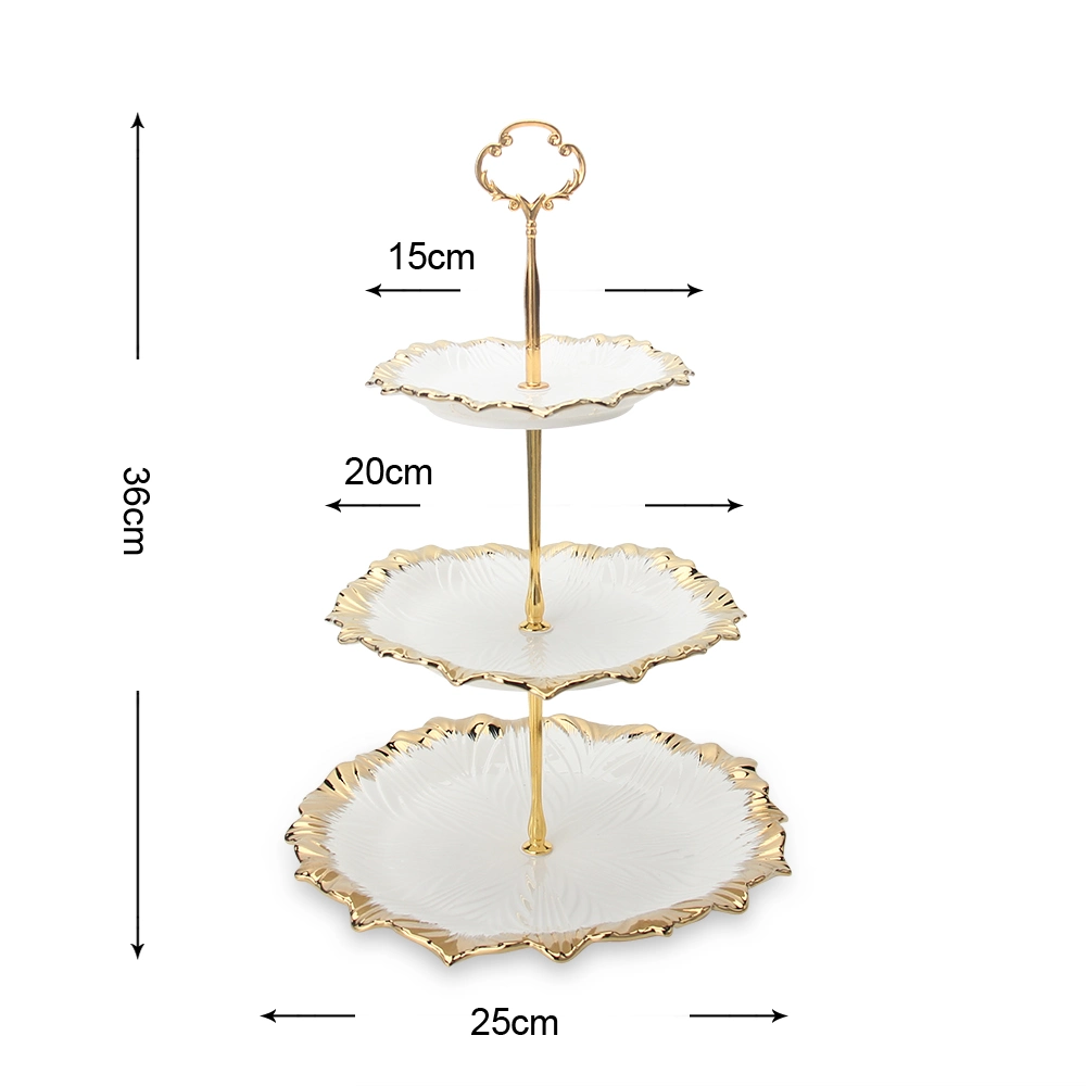 RP019 Luxury Hotel Ceramic Plates Sets Wedding Decorative Cake Stand Gold Rim White 3 Tier Serving Tray