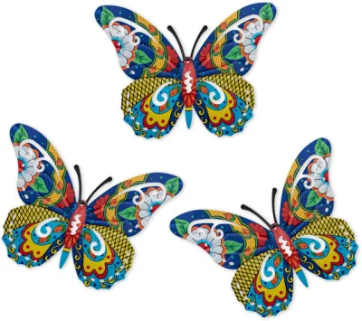 Metal Butterfly Wall Sculpture Colorful Outdoor Wall Art Iron Hannging Decoration Set of 3