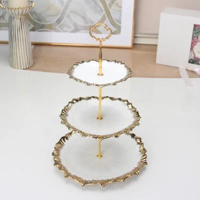 RP019 Luxury Hotel Ceramic Plates Sets Wedding Decorative Cake Stand Gold Rim White 3 Tier Serving Tray