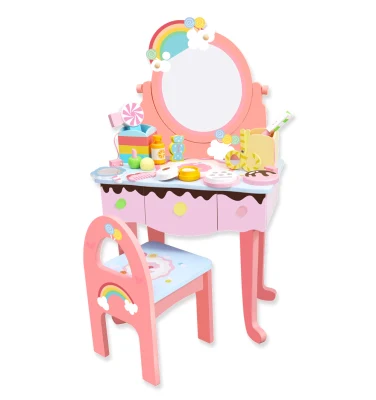 Wooden Rainbow Makeup Toy Kids′ Vanity Set with Mirror Children Dressing Table and Stool Set for Little Girls