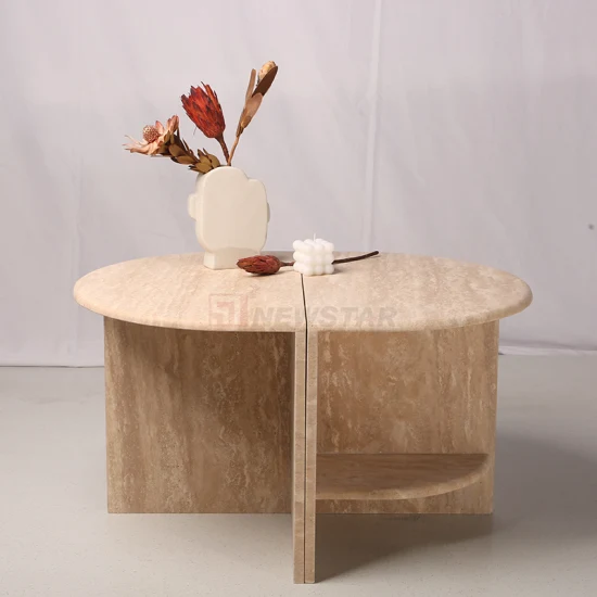 Modern Minimalist Nordic Living Room Coffee Table Design Beige Round Travertine Coffee Table