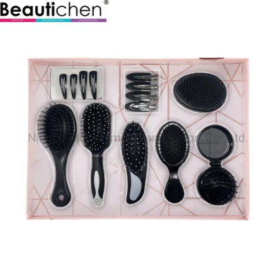 Beautichen Black Gift Set with Hair Brushes, Foldable Hair Brushes with Mirror and Hair Clips 8 in 1 Novelty Hair Brush Set
